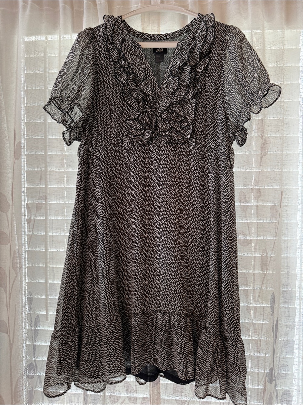H&M Black & White Microdot Ruffle V-Neck Midi Dress